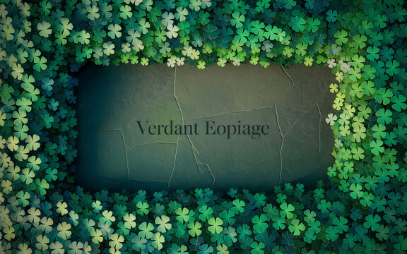 Dark stone plaque frame surrounded by a lush border of fresh green clover leaves with shamrock
