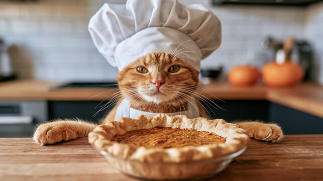 Cat chef preparing pumpkin pie,Thanksgiving, autumn,