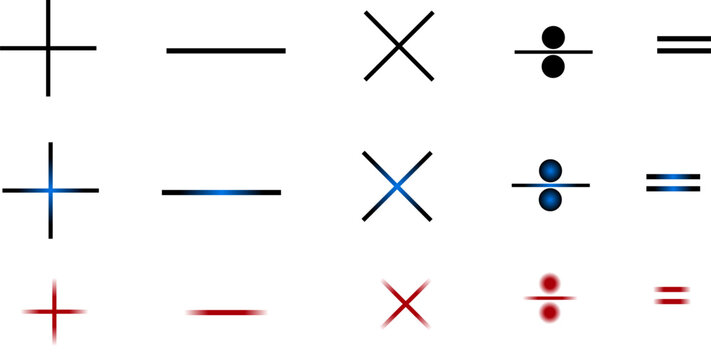 Set of colorful glowing mathematical operator symbols including addition subtraction multiplication division and equals signs for education