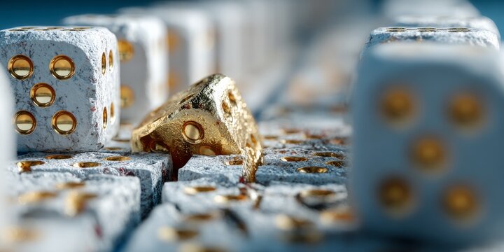 White and gold dice scattered in abstract composition, representing gambling, chance, risk, probability and uncertainty
