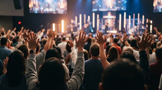 Spiritual devotion and collective faith shown by a diverse community at a vibrant church service.