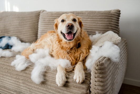 Happy Golden Retriever sitting on a ruined living room sofa