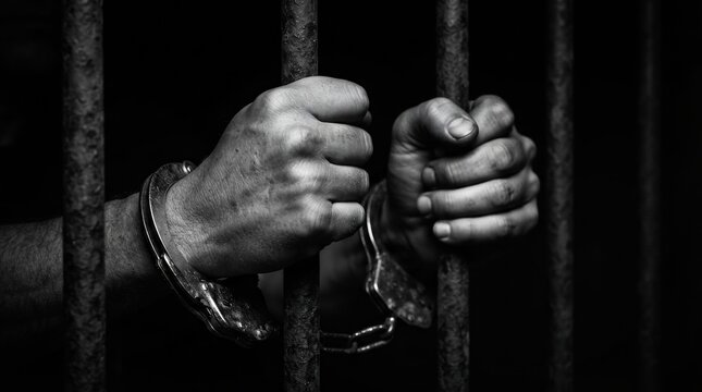 Close-up of hands in handcuffs holding iron bars against a black background in a prison.