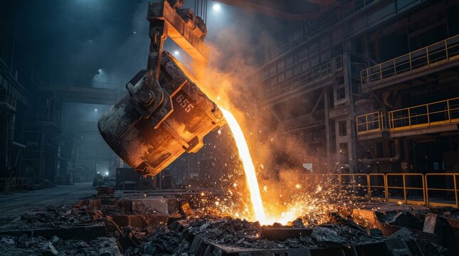 A close-up view of molten metal pouring from a ladle in an industrial foundry setting with sparks.