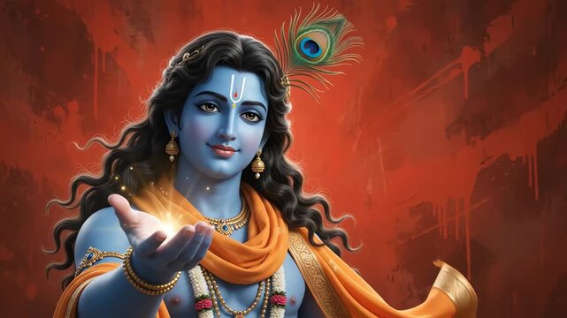 Sacred blue divinity extending a glowing hand in graceful motion