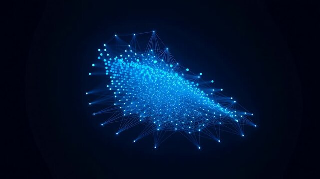 Glowing blue particles connected by dynamic lines form shifting 3D mesh structures against a dark background. Animated texture shows particles and lines with flowing movement.