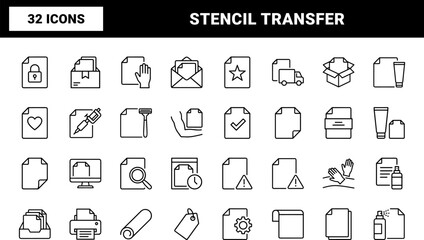 Naklejka premium Tattoo Stencil Design Transferring Web Icon Set in Linear Style. Collection of Stencil Art line icons, including stencil paper, transfer gel, art printing, skin prep, studio supply, body art.