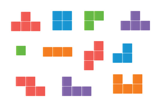 Colorful Tetris Block Shape Collection with Red, Blue, Green, Purple and Orange Geometric Tetromino Pieces for Puzzle Games, Gaming Interfaces and Abstract Pixel Designs
