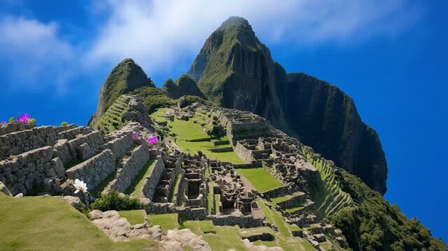 Ancient Inca Citadel Machu Picchu under clear blue sky with stunning mountain landscape in daylight