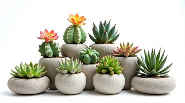 Colecci&oacute;n de suculentas y cactus en flor en macetas de piedra apilada, aislados sobre fondo blanco