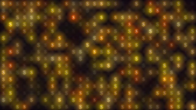 Abstract digital background of golden glowing dollar signs representing wealth and global finance