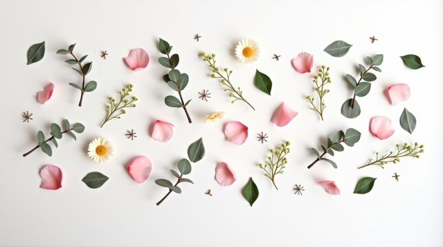 Vista cenital de p&eacute;talos de rosa, hojas de eucalipto y flores reci&eacute;n cortadas esparcidos