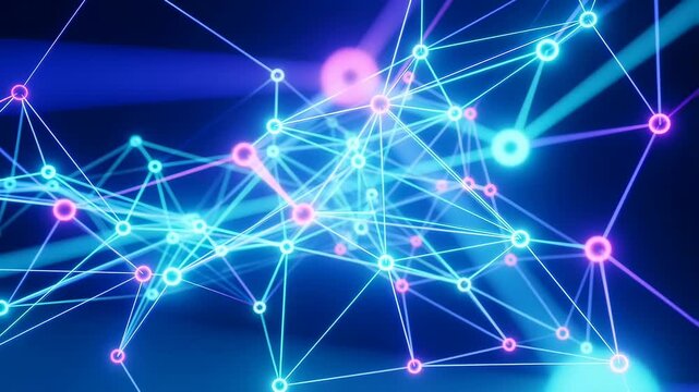 Glowing blue and magenta nodes connect and pulse with shifting lines across a dark digital network background. Animated texture shows nodes and lines with flowing movement.