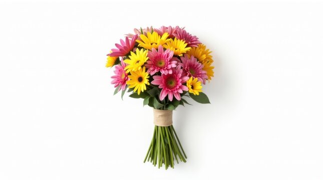 Ramo redondo de flores de temporada coloridas atado con una cinta de lino natural, aislado sobre fondo blanco