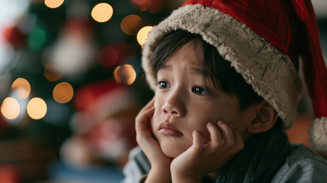 sad boy in Santa hat