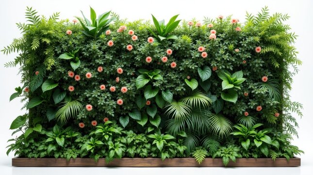 Pared de jard&iacute;n vertical densamente cubierta de plantas con flores, helechos y un exuberante follaje tropical