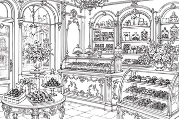 Fototapeta premium Victorian Chocolate Shop Interior, Victorian chocolate shop, chocolate shop interior, Victorian interior, vintage chocolate store, antique shop interior, luxury chocolate, artisan chocolate shop, conf