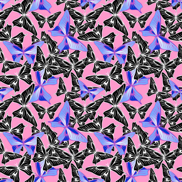 seamless pattern of blue-black butterflies on a pink background, texture, design