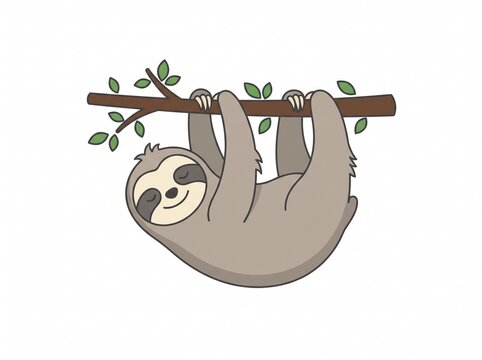 Sloth hanging upside down, flat 2D vector art, relaxed posture, solid white background.