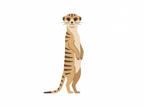 Striped meerkat standing alert, flat 2D vector art, minimalist, solid white background.