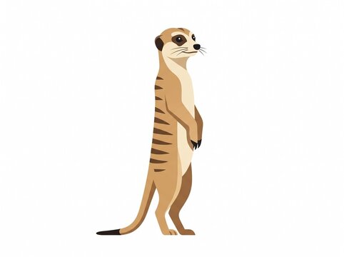 Striped meerkat standing alert, flat 2D vector art, minimalist, solid white background.