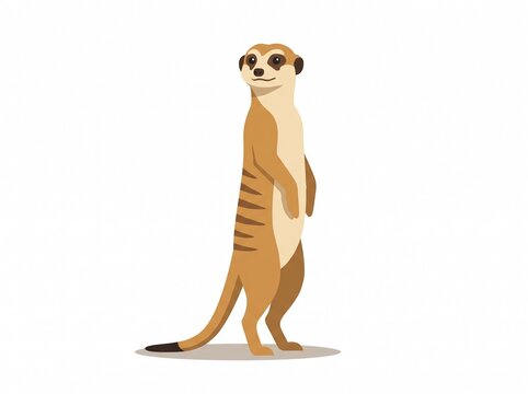 Striped meerkat standing alert, flat 2D vector art, minimalist, solid white background.