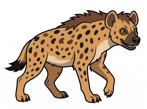 Spotted hyena, flat 2D vector illustration, bold cartoon vector style, solid white background.