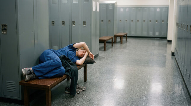 Tired healthcare professional taking a break in hospital locker room while wearing scrubs