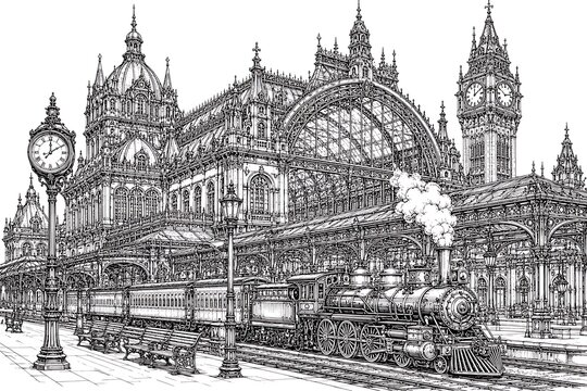 Victorian Steampunk Grand Central Station, Victorian train station, steampunk station, grand central station, Victorian architecture, steampunk architecture, railway station, historic train station, s