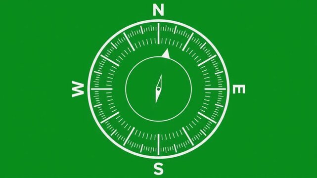Animated compass rose spinning on green screen background, for easy chroma, key compositing overlay