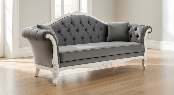 Elegant grey tufted sofa with ornate white frame