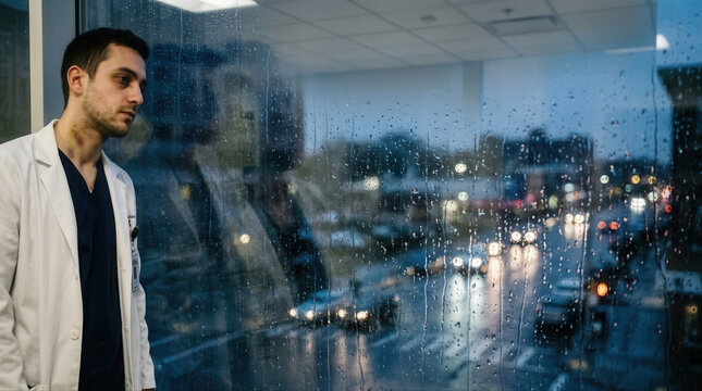 Thoughtful healthcare professional in scrubs looks out at the rainy hospital window during twilight hours