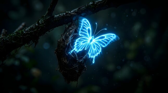 Ethereal glowing blue butterfly emerging from its cocoon on a dark forest branch at night