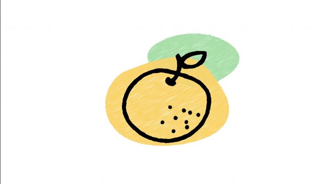 An animated hand-drawn bright orange citrus fruit with a fresh green leaf. Ideal for breakfast fruit juice, vitamin C supplements, and healthy snack themes.