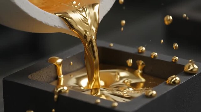 Molten gold pouring into graphite mold, liquid gold metal casting process, industrial precious metal refinery for investment and banking