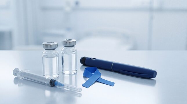 Unbranded Insulin Vials Syringe And Insulin Pen With Blue Awareness Ribbon For Diabetes Medication, Treatment And World Diabetes Day Concept