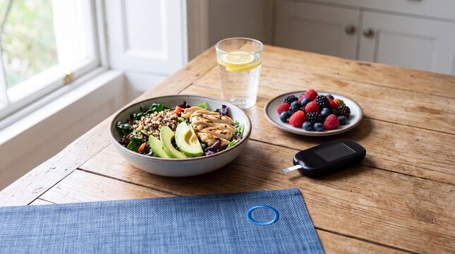 Healthy Food Plate With Unbranded Glucometer And Blue Circle Symbol For Diabetes Nutrition, Blood Sugar Awareness And World Diabetes Day