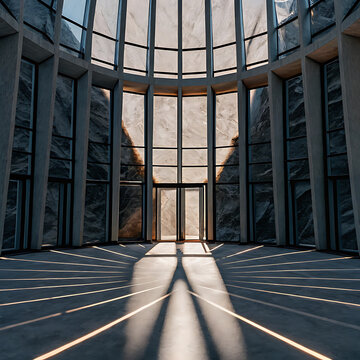 Architectural interior with large windows and concrete framing a photorealistic scene architecture interiors building buildings