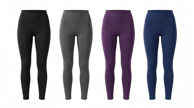 Four pairs of women high waisted leggings in various colors and styles