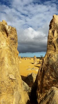 Vertical shot of tall limestone pillars rise from the golden sand under a dramatic cloudy sky in the remote Pinnacles Desert of Western Australia.