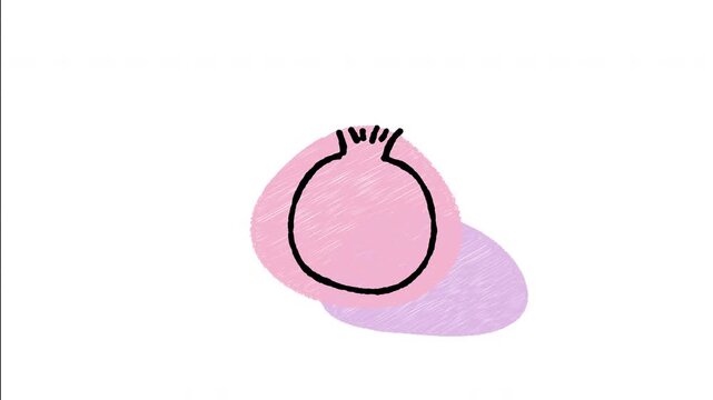 An animated hand-drawn round red pomegranate fruit with a crown top. Ideal for superfood juices, antioxidant drinks, fresh fruit stalls, and healthy diets.