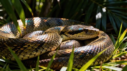Fototapeta premium A coiled snake with iridescent scales rests among green foliage in a natural habitat.
