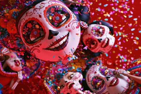 Vibrant Day of the Dead Inspired Sugar Skull Portrait with Floral Ornamentation and Butterfly Face Art on Bold Orange Background