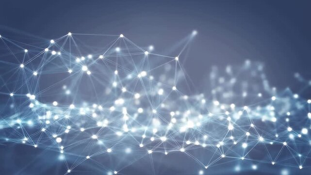 Network of glowing white and light blue nodes connected by thin lines pulses and flickers on a gradient blue-gray background. Animated background combines glowing light with layered depth.