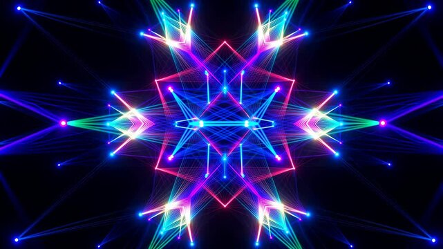 Symmetrical neon geometric pattern rotates and pulses with glowing lines and points of light on a dark background. Animated texture shows lines and points of light with rotating.