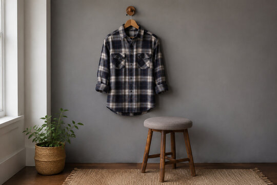 Gray backdrop, portrait stool, plaid shirt on peg, school picture day setup