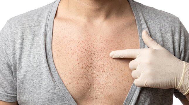 Doctor in gloves pointing to severe folliculitis heat rash or allergic reaction on male patient chest skin