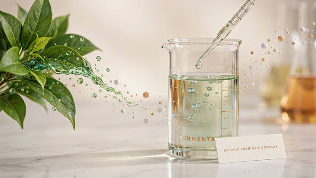Glass beaker being filled with organic skincare extract using a pipette dropper pipette green leaves water drops organic serum chemical glassware