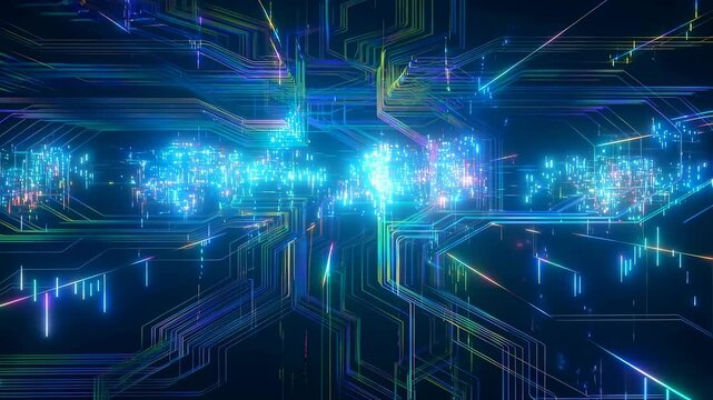 Glowing digital circuit board with flowing blue, cyan, green, yellow. Futuristic technology backdrop with flowing movement and clear interface detail.