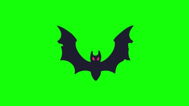 Creepy bat silhouette flying with glowing pink eyes isolated on bright green screen